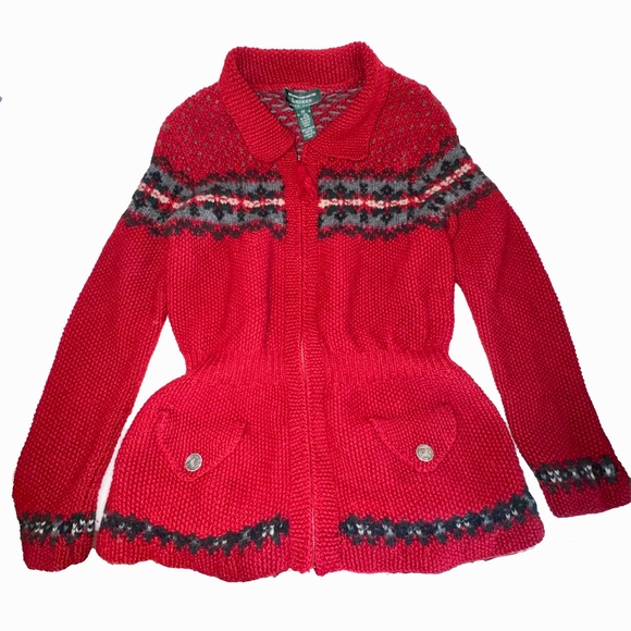Ralph Lauren Sweater Cardigan 100%Wool Red Exclusive Hand Knit Fair Isle M - Picture 3 of 13